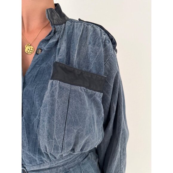 80s vintage blue chambray denim casual collared button up jumpsuit pantsuit - Picture 9 of 10